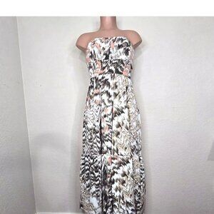 Boston Proper Strapless Maxi Dress Tie Back Brown Pink White Jersey